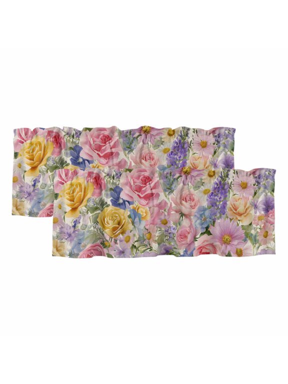 2 Pack Valances for Windows 42 x 12 Inch, Purple Pink Floral Decorative Kitchen Curtain Valance, Spring Farmhouse Country Vintage Flower Rod Pocket Short Curtains Window Treatment for Bathroom/Cafe