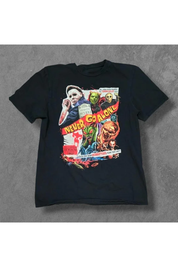 Reprint Rare Retro Halloween Horror Night Never Go Alone Unisex Tee S-5XL
