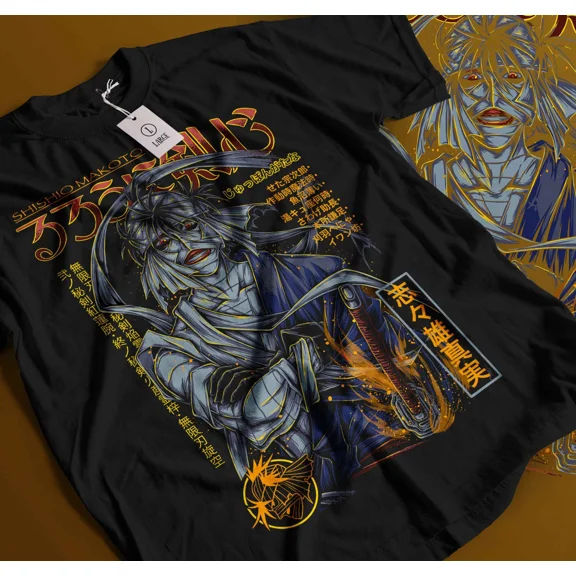 Reprint Rare Rurouni Kenshin Samurai Himura T-Shirt Rurouni kenshin art Black Shirt Gift 289