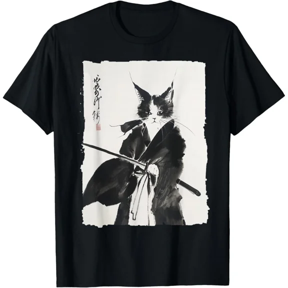 Reprint Rare Samurai Cat Warrior Shirt Japanese Art Katana Tee Hot Deal T-Shirt S-4XL