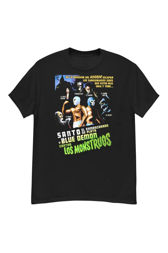 Reprint Rare Santo and the Blue Demon vs the Monsters lucha libre horror fan art t-shirt