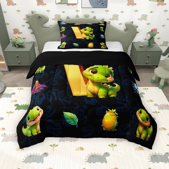 Erosebridal Kids Dinosaur Twin Comforter Sets for Boys Girls, Dino Letter V Bedding Set, Black Reversible 2 Pieces, 1 Comforter and 1 Pillowcase