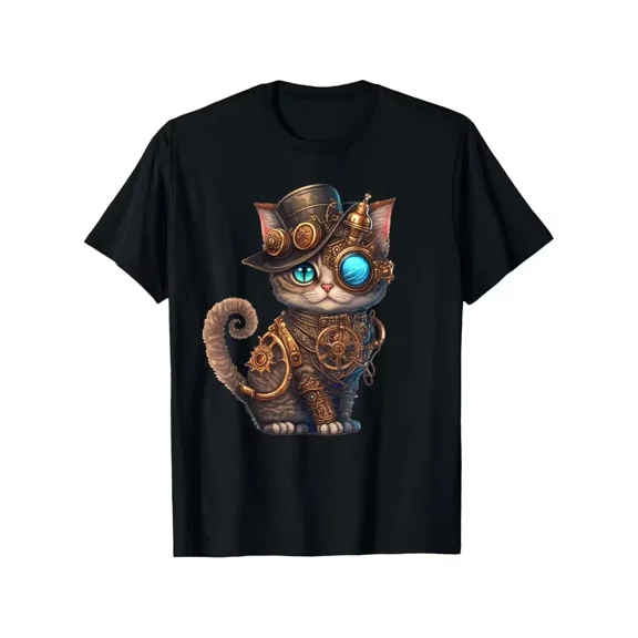 Reprint Rare Steampunk Cat Graphic T-Shirt - Black Cotton Crew Neck Tee with Gears & Goggles