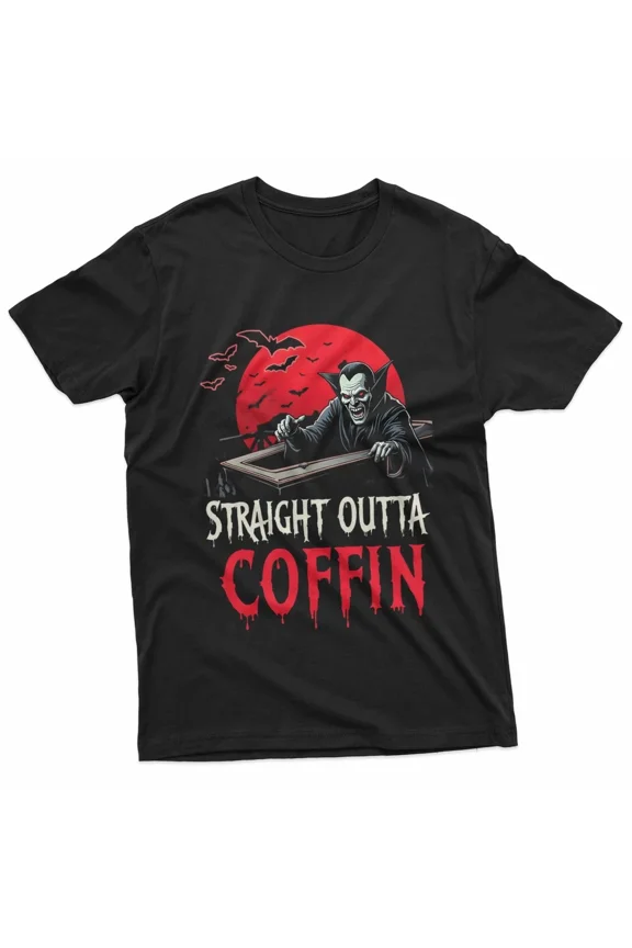 Straight Outta Coffin Funny Gothic Vampire Halloween Black T-Shirt