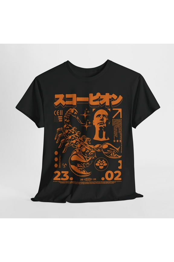 Reprint Rare Stylish Mens T-Shirt with Scorpion Graphic, Japanese Calligraphy & Unique Design