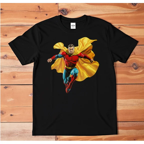 Reprint Rare Superhero T-Shirt Flying Hero with Cape Comic Style Graphic Tee Fantasy Unisex