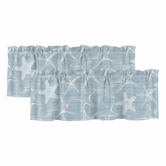 2 Pack Valances for Windows 42 x 12 Inch, Blue White Starfish Decorative Kitchen Curtain Valance, Coastal Ocean Summer Sea Nautical Rod Pocket Short Curtains Window Treatment for Bathroom/Cafe