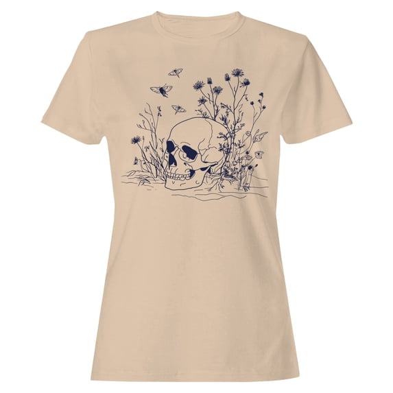 Skull & Wildflowers Gothic Art Women's Natural T-shirt