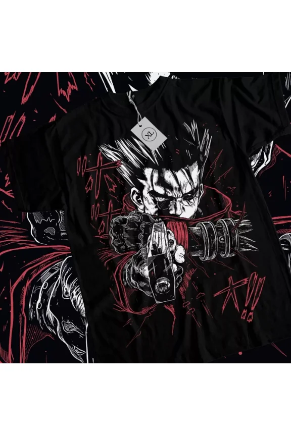Reprint Rare Trigun T-shirt Vash The Stampede Moon Funny COMEDY Anime Manga Gift Black Shirt