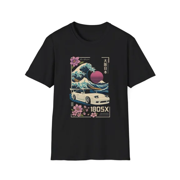 Reprint Rare VINTAGE 180SX JDM Drift Car T-Shirt Great Wave Japan Style Sakura Street Tee