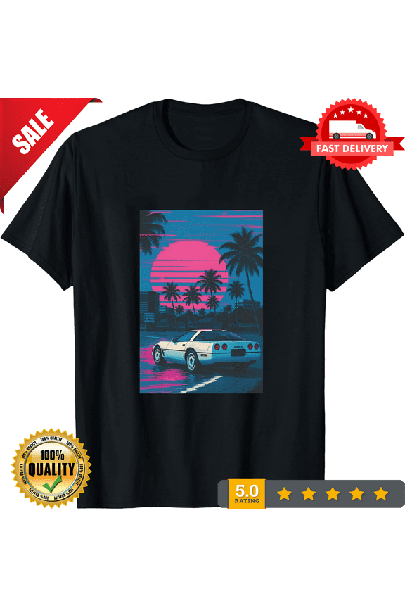 Reprint Rare VINTAGE Retro Vintage 80s Outrun Synthwave Corvette ZR1 Palm Trees Beach Sunset T-Shirt, NEW INSTOCK-TH81416