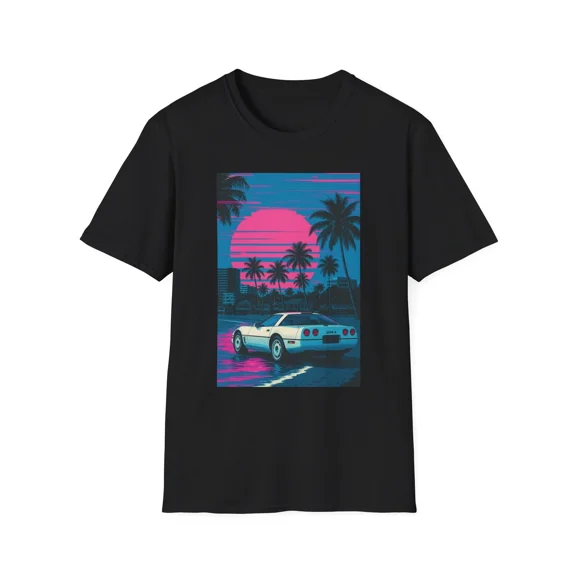 Reprint Rare VINTAGE Retro Vintage 80s Outrun Synthwave Corvette ZR1 Palm Trees Beach Sunset T-Shirt