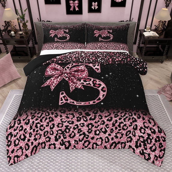 Erosebridal Cute Pink Leopard Print Queen Comforter Set for Girls, Bowknot Letter S Bedding Comforter Set, Black Reversible 3-Piece, 1 Comforter and 2 Pillowcases