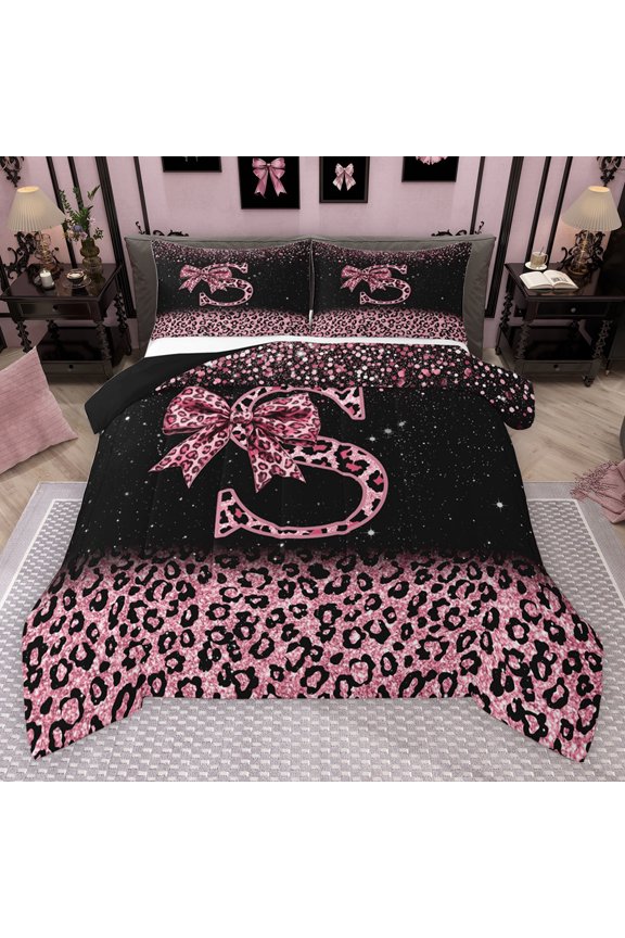 Cute Pink Leopard Print Queen Comforter Set for Girls, Bowknot Letter S Bedding Comforter Set, Black Reversible 3-Piece, 1 Comforter and 2 Pillowcases