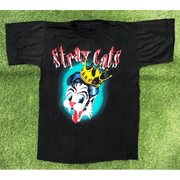 Reprint Rare Vintage STRAY CATS Band Blast Off Tour Cotton Black Full Size Unisex Shirt