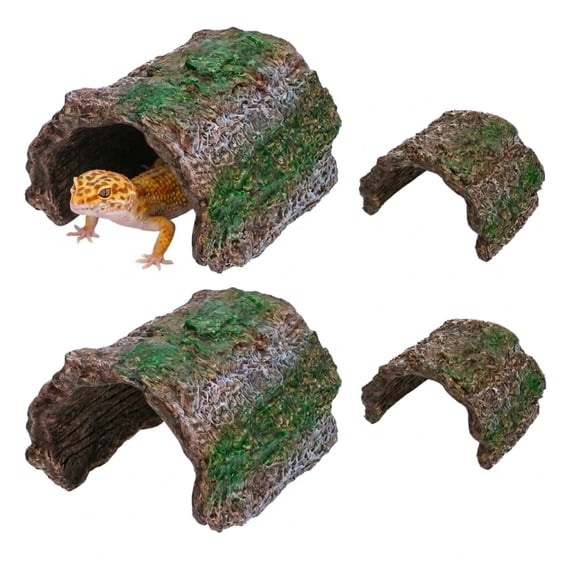 Reptile Bark Shelter 4-Piece Set,2 Large & 2 Small Resin Caves for Lizards & Aquariums