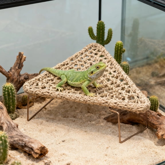 Reptile Basking Platform, Natural Straw Triangle Hammock with Sturdy Metal Legs, Long-lasting Habitat Accessory for Bearded Dragons, Geckos, and Snakes, Easy Clean Terrarium Decor