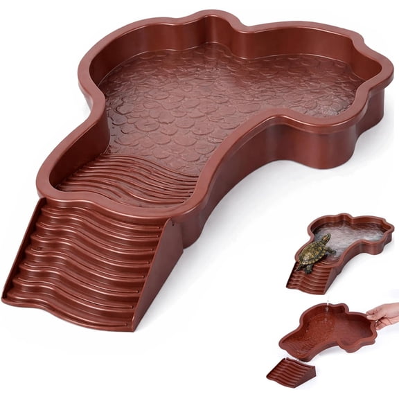 Reptile Bathing Pool with Ramp, Tortoise Water Dish for Soaking, Drinking & Feeding, Reptile Water Bowl Habitat Accessory for Turtles, Geckos, Snakes, Crimson