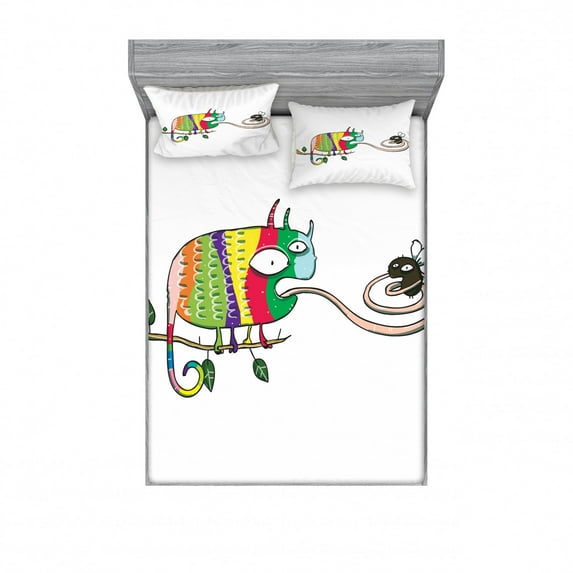 Reptile Bedding Set with Sheet & Covers, Colorful Chameleon on the Branch Playing with Grumpy Fly Animal Humor Cartoon Print, Printed Bedroom Decor 2 Shams, 4 Sizes, Multicolor, by Ambesonne