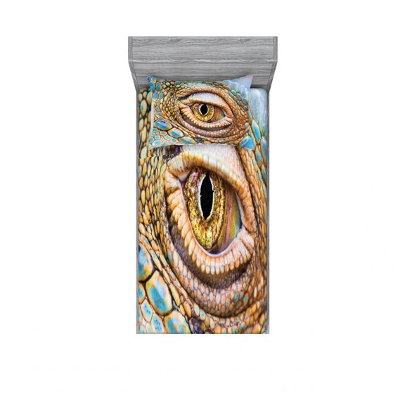 Reptile Bedding Set with Sheet & Covers, Graphic of Creepy Eye of Iguana with Colorful Details in Skin Tropical Theme Print, Printed Bedroom Decor 2 Shams, 4 Sizes, Multicolor, by Ambesonne