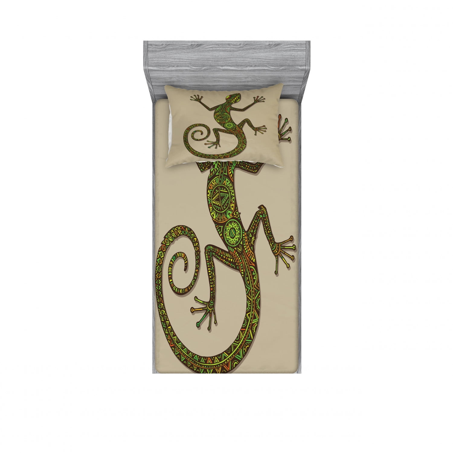 Green Tan Microfiber Twin Sheet Set with Lizard Pattern