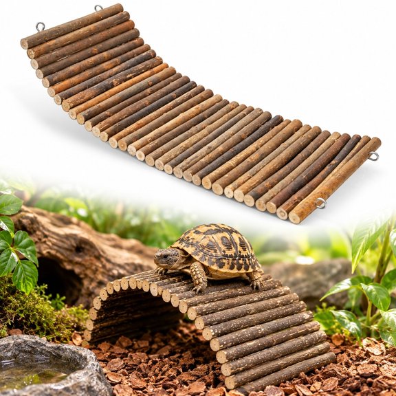 Reptile Climbing Bridge 15.7 x 5.9 in, Natural Wood Ladder Ramp with Metal Hooks for Bearded Dragons Geckos and Hamsters