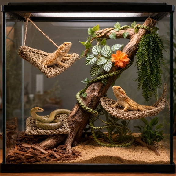 Reptile Climbing Vines and Hammock Set, Artificial Habitat Decor for Lizard Bearded Dragon Snake Gecko, Suction Cup Terrarium Accessories, Brown Green