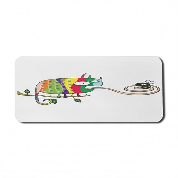 Reptile Computer Mouse Pad, Colorful Chameleon on the Branch Playing with Grumpy Fly Animal Humor Cartoon Print, Rectangle Non-Slip Rubber Mousepad X-Large, 35" x 15", Multicolor, by Ambesonne