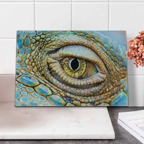 Reptile Cutting Board, Graphic of Creepy Eye of Iguana with Colorful Details in Skin Tropical Theme Print, Decorative Tempered Glass Cutting and Serving Board, Small Size, Multicolor, by Ambesonne