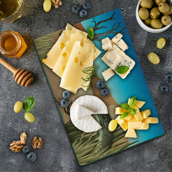 Reptile Cutting Board, Grumpy Snake Looking from Grass at Desert Tropical Nature Poison Wildlife Home, Decorative Tempered Glass Cutting and Serving Board, Small Size, Multicolor, by Ambesonne