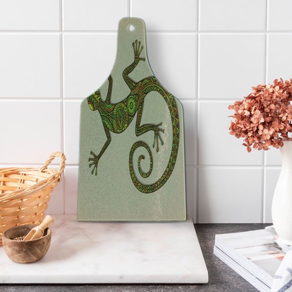 Reptile Cutting Board, Ornamental Colorful Lizard Patterns Moving Around Exotic Creature Theme, Decorative Tempered Glass Cutting and Serving Board, Wine Bottle Shape, Green Tan, by Ambesonne
