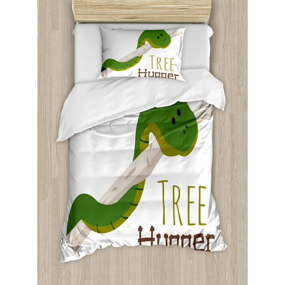 Reptile Duvet Cover Set, Cartoon Snake Hanging from Tree Hug Love Mascot Humor Comic Design Print, Decorative 2 Piece Bedding Set with 1 Pillow Shams, Twin Size, Green Navy Ecru, by Ambesonne
