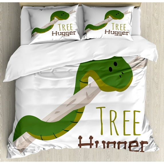 Reptile Duvet Cover Set, Cartoon Snake Hanging from Tree Hug Love Mascot Humor Comic Design Print, Decorative 3 Piece Bedding Set with 2 Pillow Shams, Queen Size, Green Navy Ecru, by Ambesonne