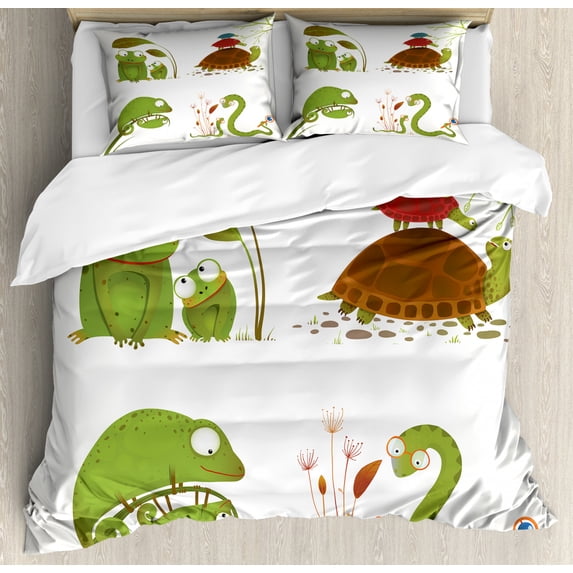 Reptile Duvet Cover Set King Size, Reptile Family Colorful Baby Snake Frog Ninja Turtles Love Mother Family Theme, Decorative 3 Piece Bedding Set with 2 Pillow Shams, Green Brown Red, by Ambesonne
