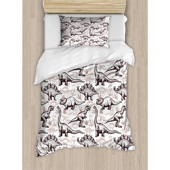 Reptile Duvet Cover Set, Magnificent Reptiles with Footprints Doodle Art Animals Abstract Pattern, Decorative 2 Piece Bedding Set with 1 Pillow Shams, Twin Size, Brown White, by Ambesonne