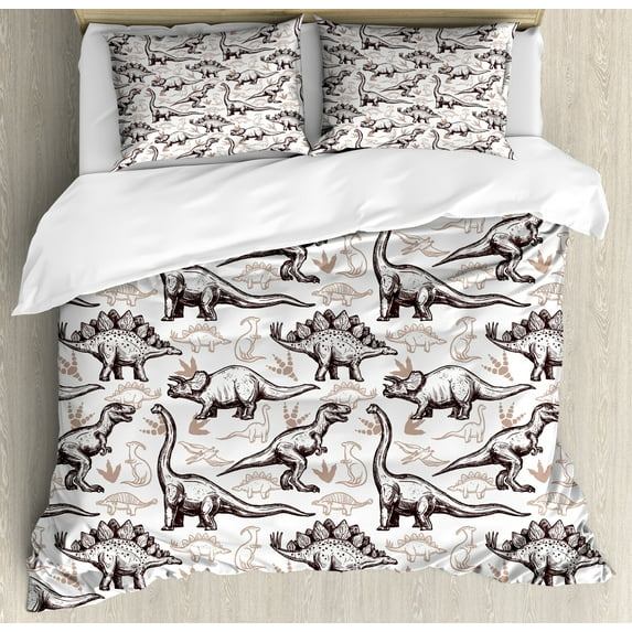 Reptile Duvet Cover Set, Magnificent Reptiles with Footprints Doodle Art Animals Abstract Pattern, Decorative 3 Piece Bedding Set with 2 Pillow Shams, Queen Size, Brown White, by Ambesonne
