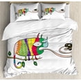 thumbnail image 1 of Reptile Duvet Cover Set Queen Size, Colorful Chameleon on the Branch Playing with Grumpy Fly Animal Humor Cartoon Print, Decorative 3 Piece Bedding Set with 2 Pillow Shams, Multicolor, by Ambesonne, 1 of 3