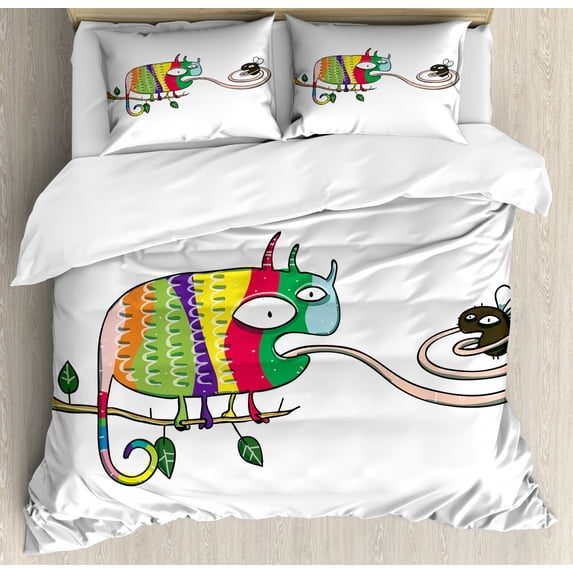 Reptile Duvet Cover Set Queen Size, Colorful Chameleon on the Branch Playing with Grumpy Fly Animal Humor Cartoon Print, Decorative 3 Piece Bedding Set with 2 Pillow Shams, Multicolor, by Ambesonne