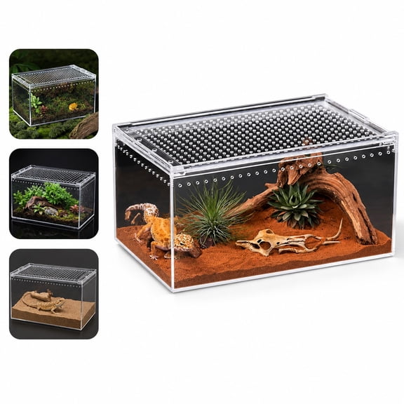 Reptile Enclosure, Clear Acrylic Habitat Tank with Magnetic Latch, Hermit Crab, Snake, Insect Terrarium, No Assembly (Medium)