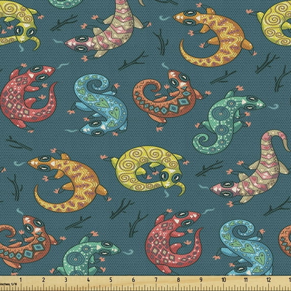 Ambesonne Reptile Fabric by the Yard Upholstery, Bohemian Colorful Lizards, 2 Yards, Multicolor