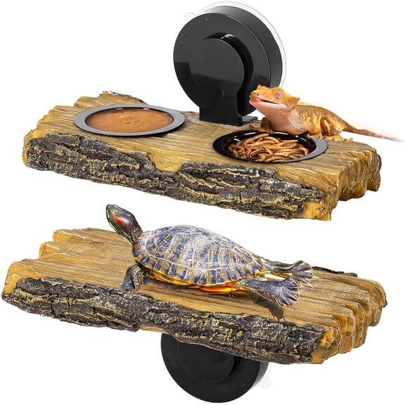Reptile Feeding Ledge & Turtle Basking Platform, Resin Suction Cup Feeder with Cups, Terrarium Water Bowl Food Dish - Tank Accessories for Geckos Lizards & Turtles