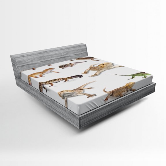 Reptile Fitted Sheet, Colorful Staring Leopard Gecko Family Image Primitive Reptiles Wildlife Art Print, Soft Decorative Fabric Bedding All-round Elastic Pocket, Queen Size, White Beige, by Ambesonne