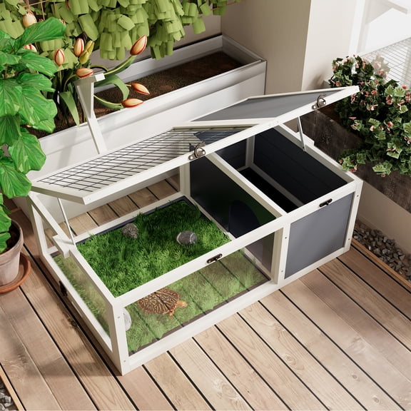 Reptile Habitat Tortoise House with Lamp Holder, 3 Acrylic Observation Windows, 2 Waterproof Trays, Lockable Top, Easy to Clean Wooden Enclosure for Turtles, Lizards, Snakes, and Small Pets