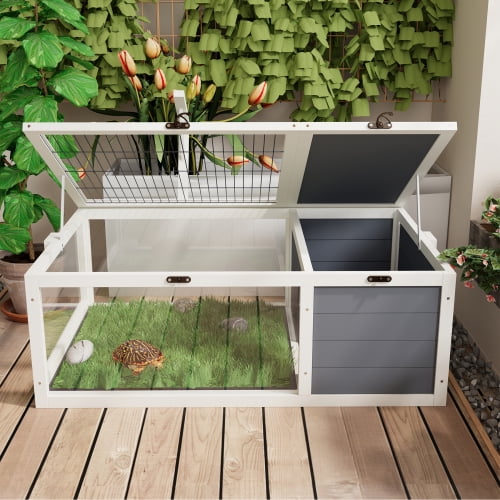 Reptile Habitat Tortoise House with Lamp Holder, Large Observation Window, 2 Waterproof Tray, Detachable Legs, Easy To Clean Wooden Enclosure for Turtles, Lizards, Geckos, and Small Pets Indoor Outdo