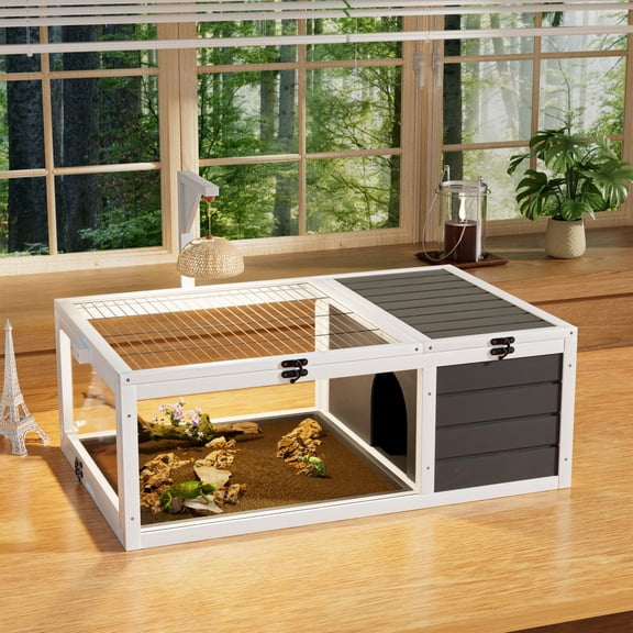 Reptile Habitat Tortoise House with Lamp Holder, Large Observation Window, Waterproof Tray, Detachable Legs, Easy to Clean Wooden Enclosure for Turtles, Lizards, Geckos, and Small Pets Indoor Outdoor