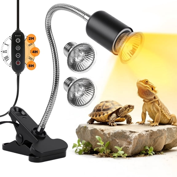 TAYAPURA Reptile Heat Lamp with Clamp, UVA UVB Reptile Light, Timer & Dimming, 360° Rotatable for Bearded Dragon Lizard Snake Amphibians, 2 Bulbs 50W
