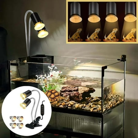 Reptile Heat Lamp, Dual Head UVA/UVB Reptile Light with Cycle Timer, Dimmable Basking Light for Turtle Tortoise Lizard Snake Bearded Dragon, 4 Basking Bulbs Light