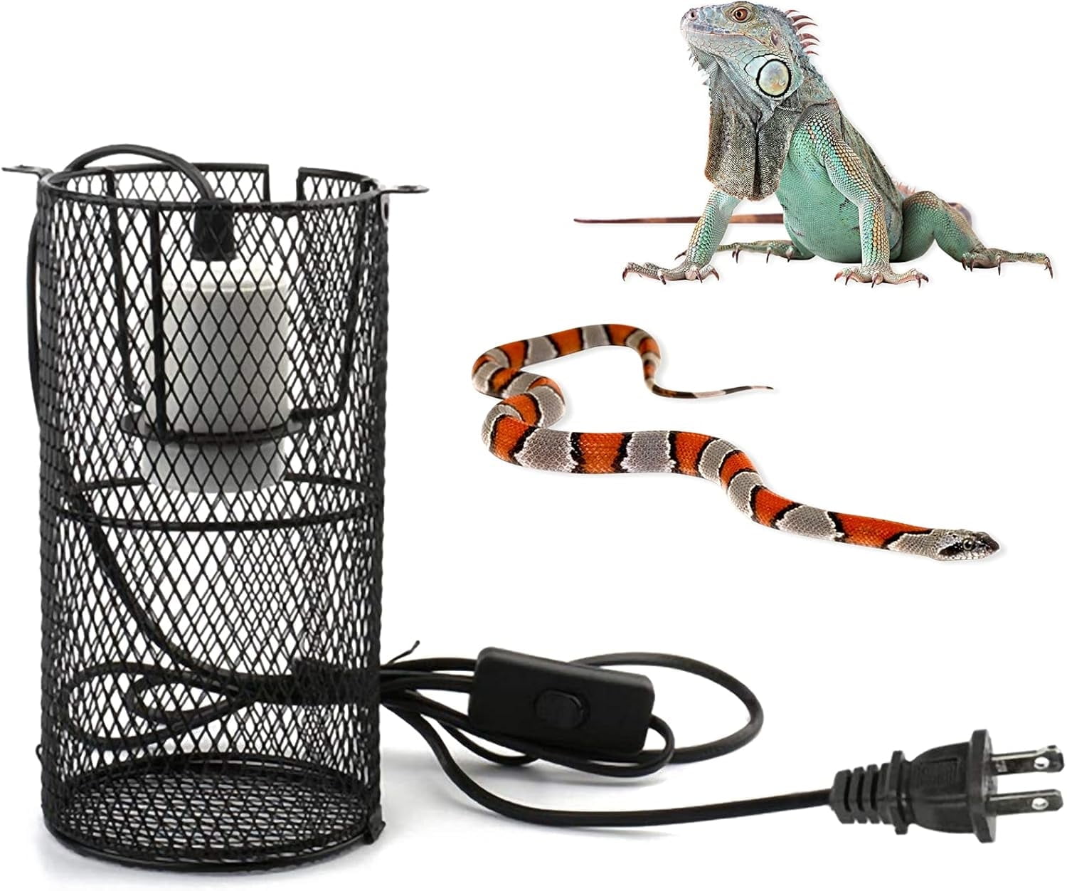 Reptile Heat Lamp Guard Ceramic Heat Emitter Basking Heater Lamp Reptile Accessories for Turtle Snakes Lizards Frogs Chicks with Power Switch \u0026 Anti-Biting Hanging Hook Design Round Without Bulb 200w