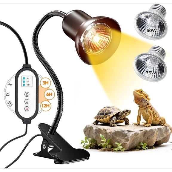 Reptile Heat Lamp, Heat Lamp with Clamp, UVA UVB Reptile Light with Intelligent Cycle Timer for Turtle, Bearded Dragon, Lizard and More, 2 Bulbs 50W+75W
