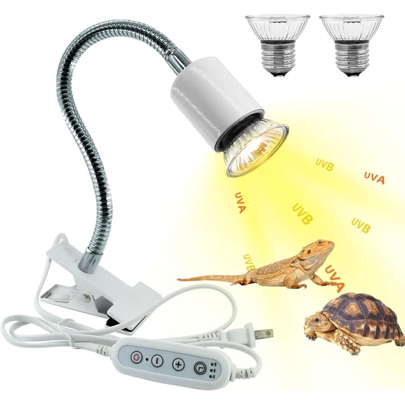 Reptile Heat Lamp,UVA UVB Reptile Light with 360Rotatable Hose and Timed with 2 Bulbs(25W,50W),Basking Calcium Light Heat Lamp Bulbs for Turtle,Bearded Dragon,Lizard,Snake Tank(White)